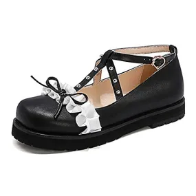 100FIXEO Women Fashion Flats Heel Bow Rivet Buckle Strap Platform Ruffles Round Toe Elegant Mary Janes Shoes (Black, 8.5)