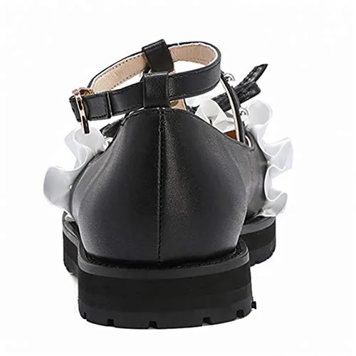 100FIXEO Women Fashion Flats Heel Bow Rivet Buckle Strap Platform Ruffles Round Toe Elegant Mary Janes Shoes (Black, 8.5)