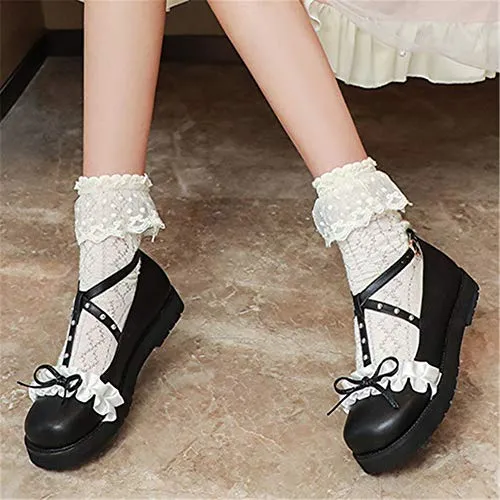 100FIXEO Women Fashion Flats Heel Bow Rivet Buckle Strap Platform Ruffles Round Toe Elegant Mary Janes Shoes (Black, 8.5)