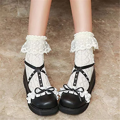 100FIXEO Women Fashion Flats Heel Bow Rivet Buckle Strap Platform Ruffles Round Toe Elegant Mary Janes Shoes (Black, 8.5)