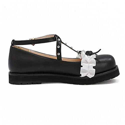 100FIXEO Women Fashion Flats Heel Bow Rivet Buckle Strap Platform Ruffles Round Toe Elegant Mary Janes Shoes (Black, 8.5)