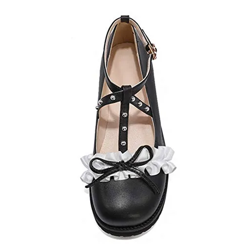 100FIXEO Women Fashion Flats Heel Bow Rivet Buckle Strap Platform Ruffles Round Toe Elegant Mary Janes Shoes (Black, 8.5)