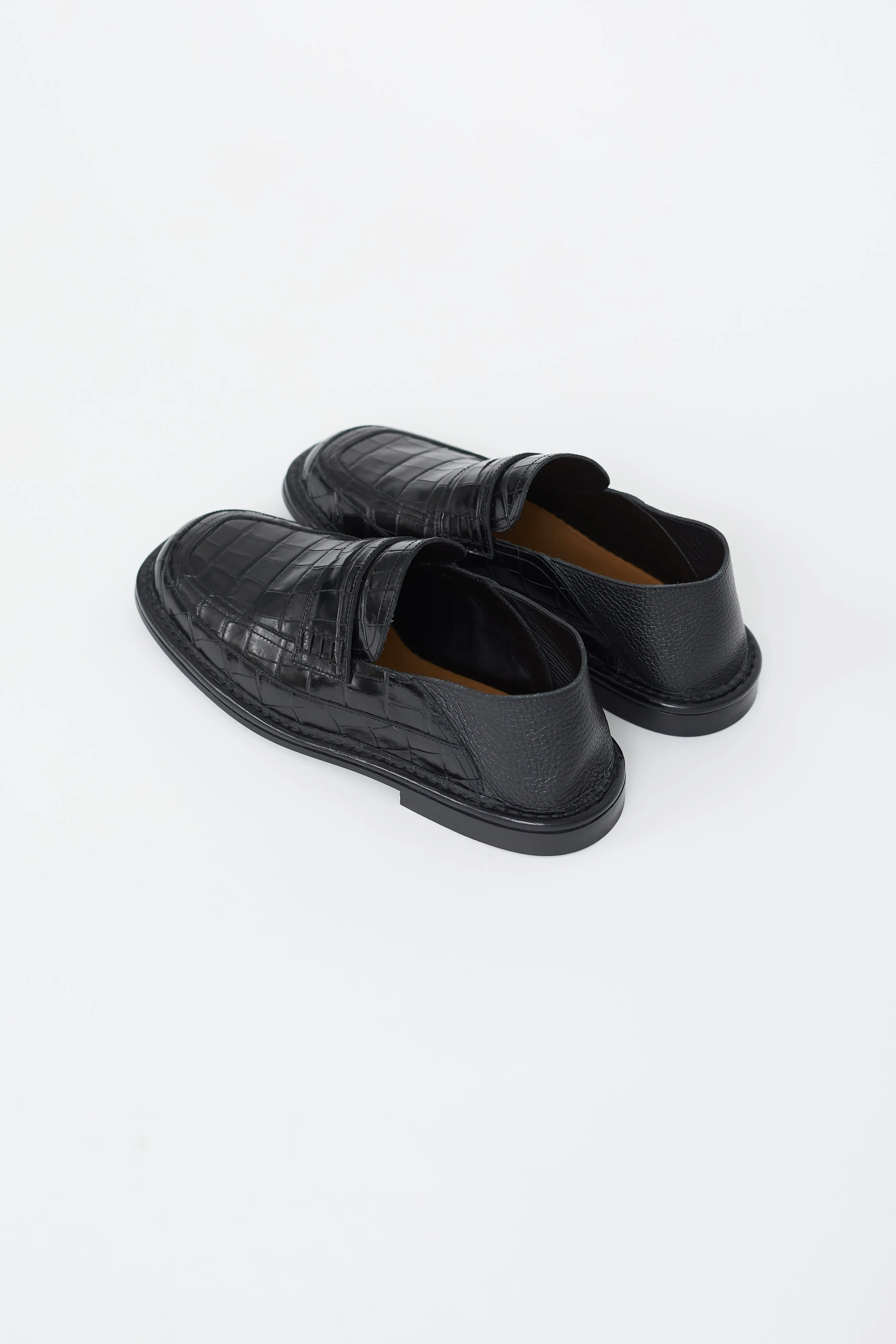 Black Embossed Leather Fold Over Loafer
