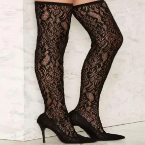 Black Lace High Heel Over knee Sock Boots