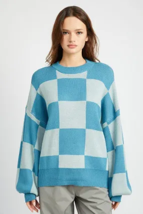 Blue Checkered Pattern Sweater