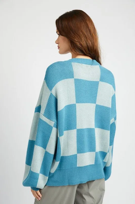 Blue Checkered Pattern Sweater