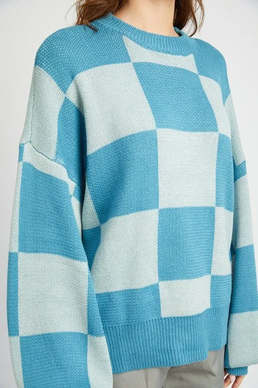 Blue Checkered Pattern Sweater