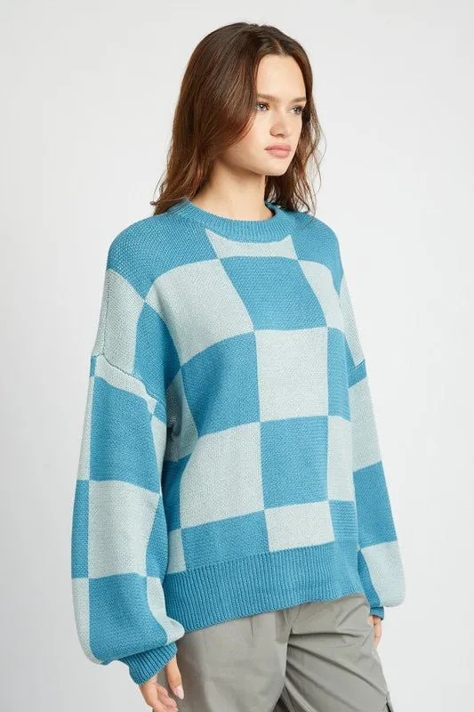Blue Checkered Pattern Sweater