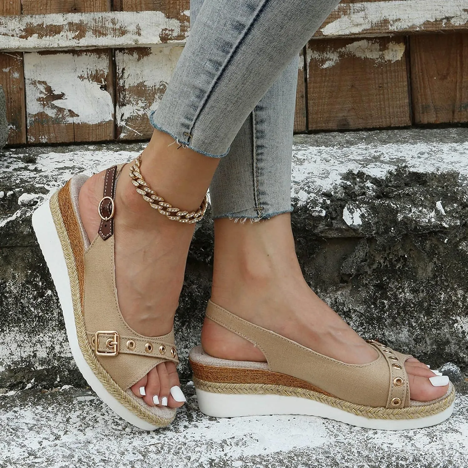 Canvas Open Toe Belt Thick Sole Sandals for Women Ankle Strap Platform High Heels Vacation Summer Espadrilles Wedges