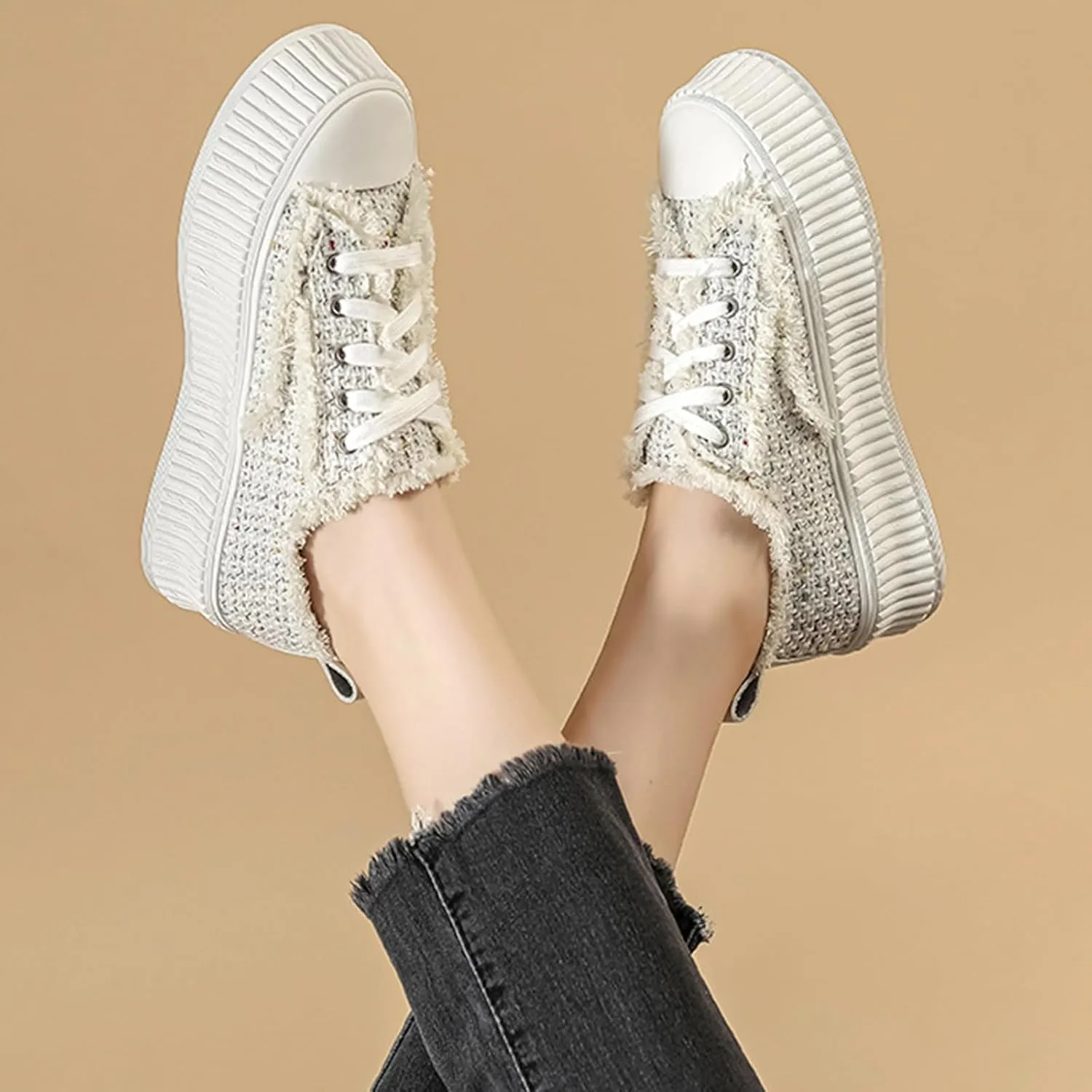 Canvas Shoes for Women Platform Canvas Sneakers Low Top Lace up Comfortable Casual