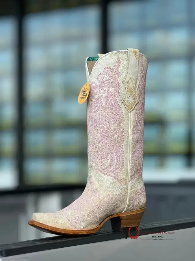 CORRAL LD CRACKLED WHITE PINK LUMINESCENT EMBROIDERED C4143