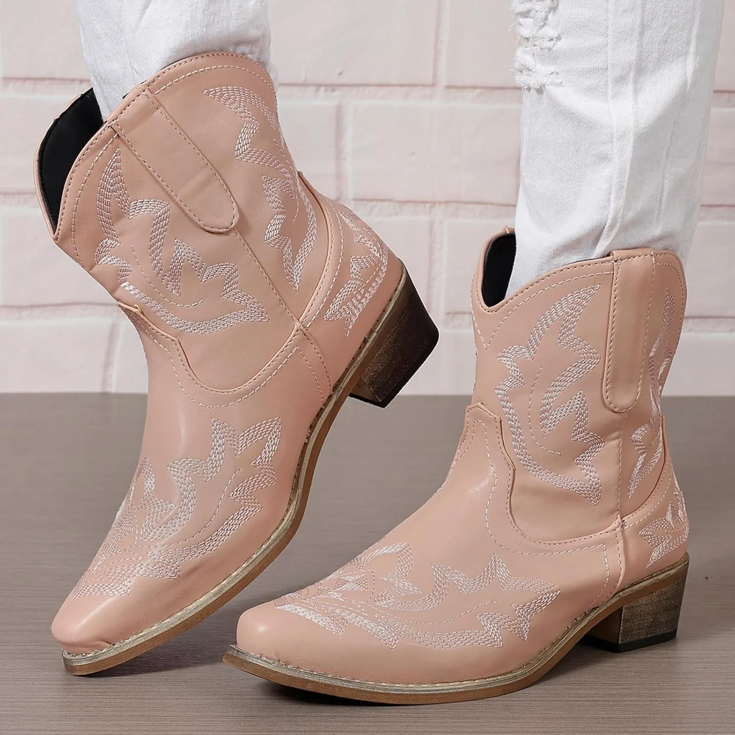 Cowboy Boots for Women Ankle Cowgirl Western Booties Stitched Embroidered Pointed Toe Classic Short Boots