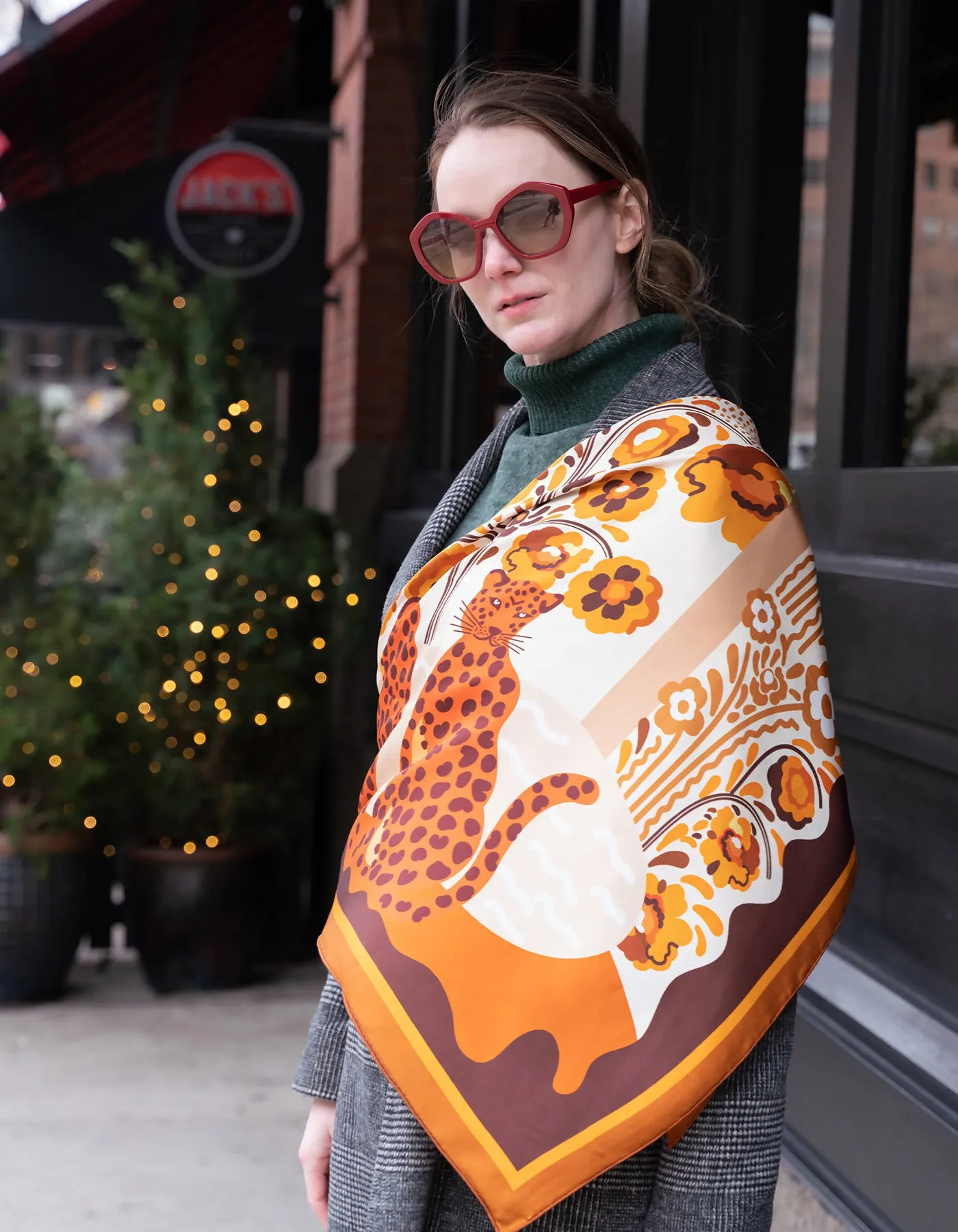 Double Sided Silk Scarf Of Leopards With Floral Fountain