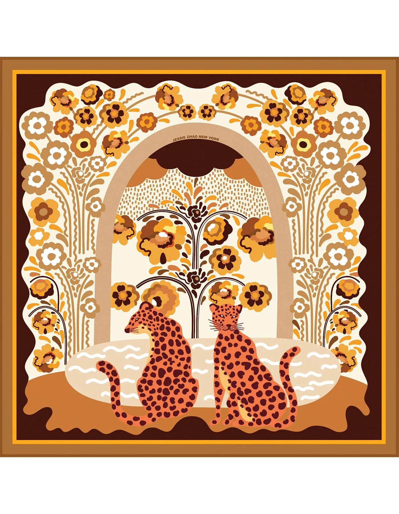 Double Sided Silk Scarf Of Leopards With Floral Fountain