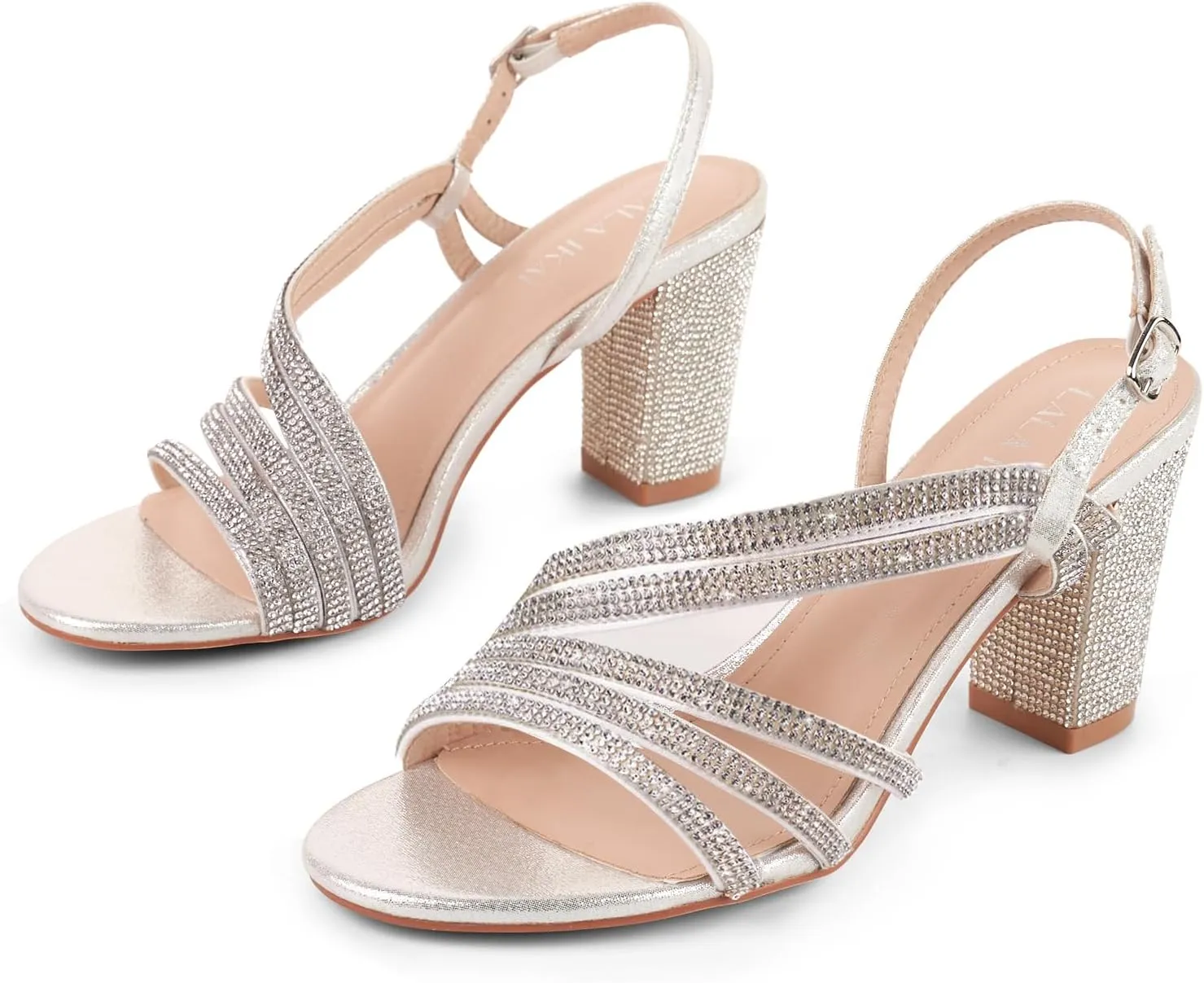 LALA IKAI Women's Strappy Slingback Chunky Heels Open Toe Rhinestones Sandals Fashion Dress Shoes