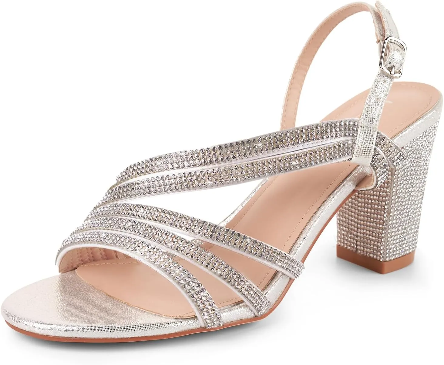 LALA IKAI Women's Strappy Slingback Chunky Heels Open Toe Rhinestones Sandals Fashion Dress Shoes