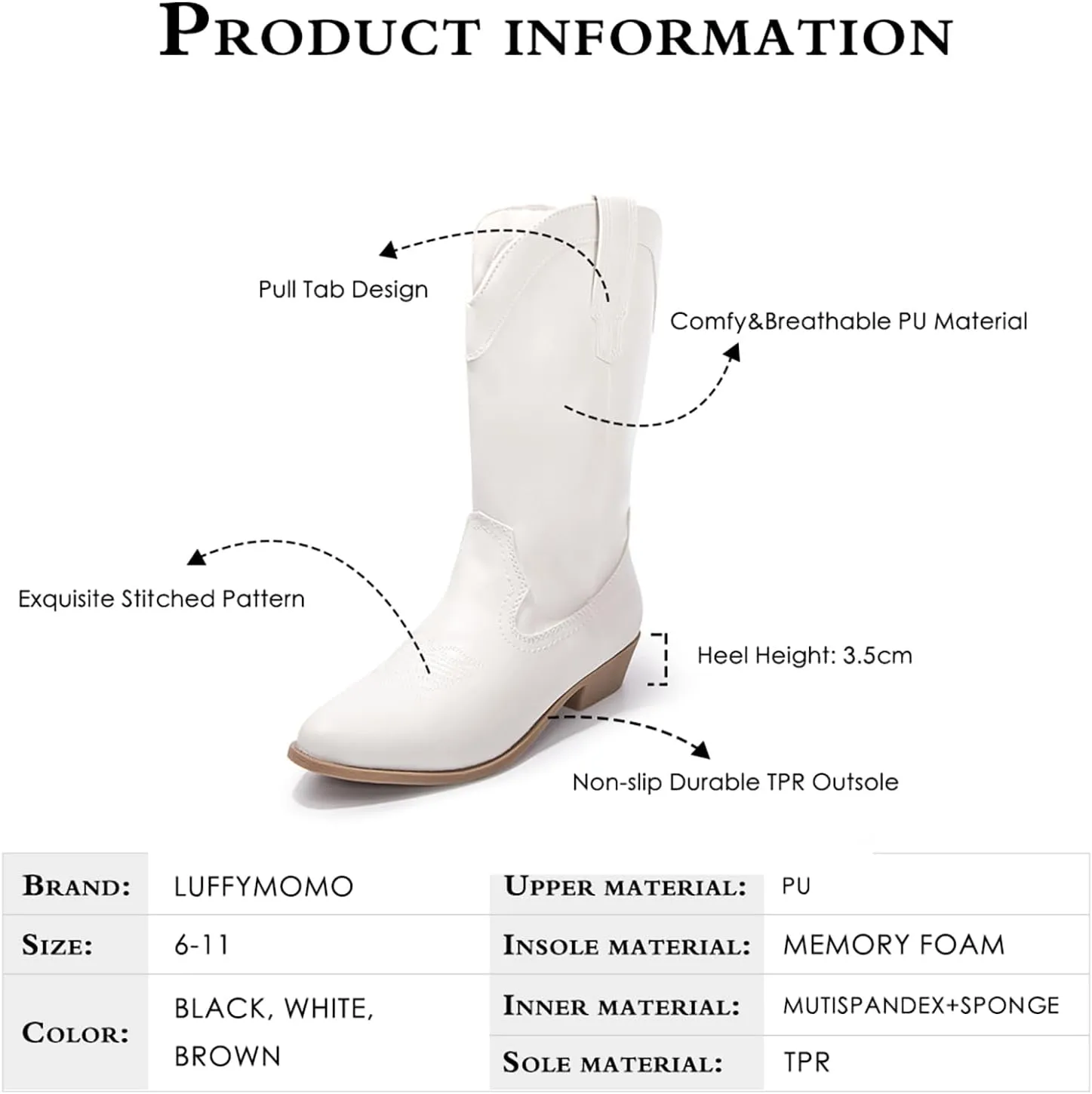 Luffymomo Women's Western Mid-Calf Cowboy Boots Point Toe Classic Cowgirl Boot