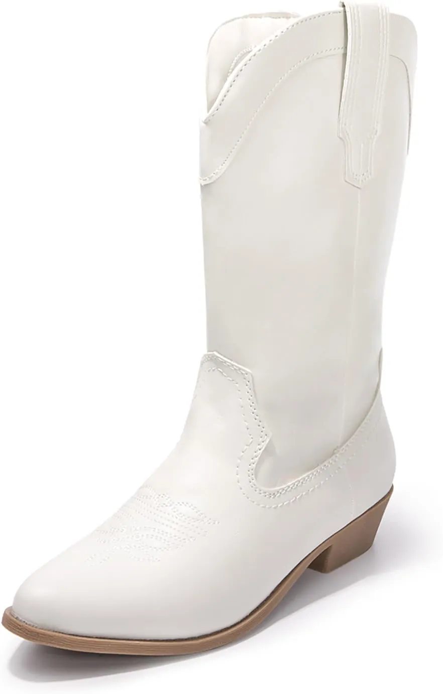 Luffymomo Women's Western Mid-Calf Cowboy Boots Point Toe Classic Cowgirl Boot