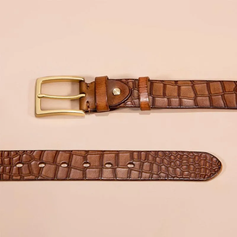Men's First-layer Genuine Leather Pure Copper Bronze Buckle Cowhide Leather Belt 21888959U