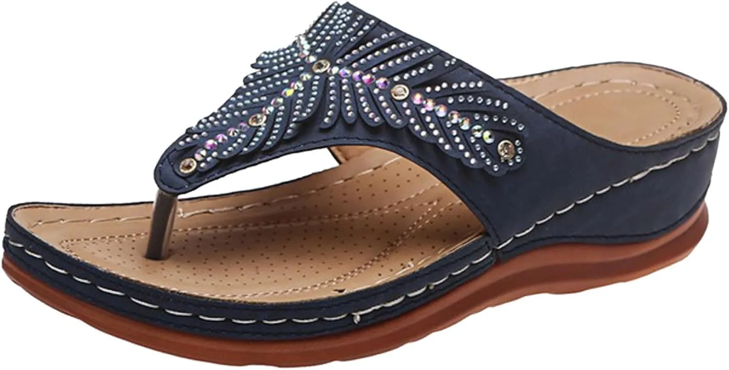 peqiut Sandals for Women Rhinestones Beach Flip Flops Slippers Summer Breathable Wedge Wide Width Ladies Sandals Women