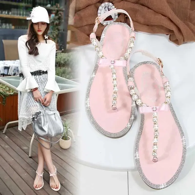 Sandals Women sandals  new summer shoes flat pearl sandals comfortable string bead beach slippers casual sandals pink white blackL464