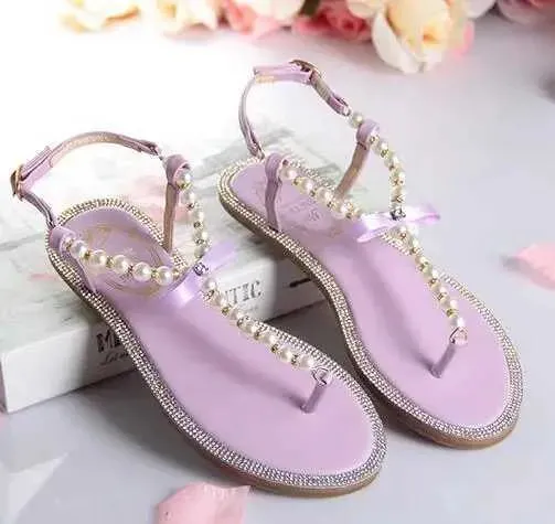 Sandals Women sandals  new summer shoes flat pearl sandals comfortable string bead beach slippers casual sandals pink white blackL464