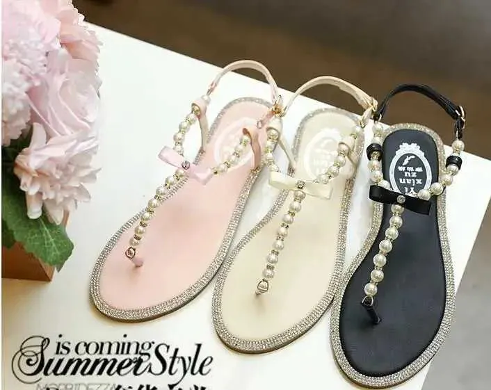 Sandals Women sandals  new summer shoes flat pearl sandals comfortable string bead beach slippers casual sandals pink white blackL464