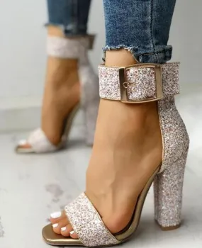 Sparkly Ankle Strap Square Heeled Sandal