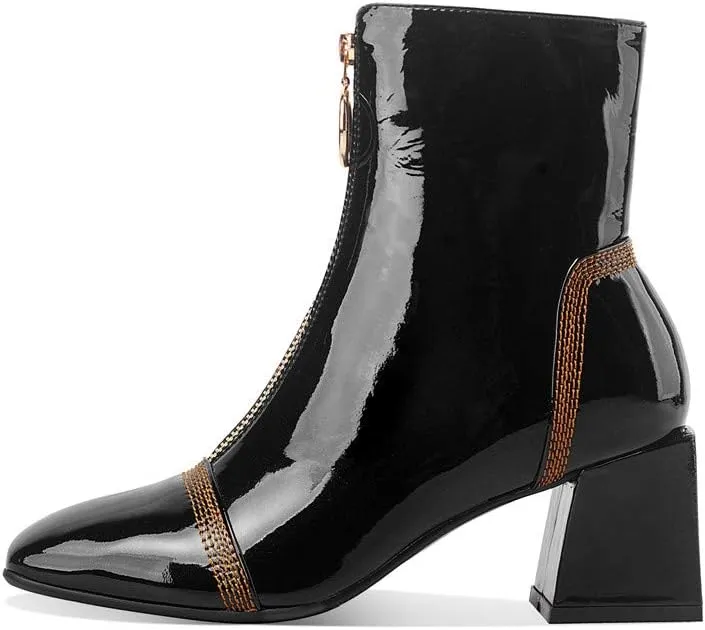 TinaCus Women's Patent Leather Square Toe Handmade Front Zipper Mid Chunky Heels Trendy Ankle Boots
