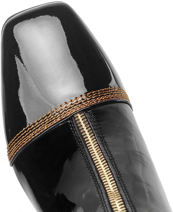 TinaCus Women's Patent Leather Square Toe Handmade Front Zipper Mid Chunky Heels Trendy Ankle Boots
