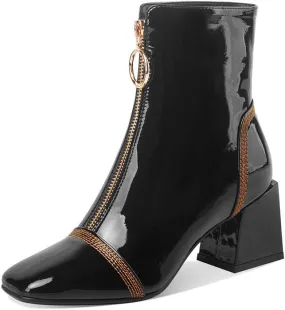 TinaCus Women's Patent Leather Square Toe Handmade Front Zipper Mid Chunky Heels Trendy Ankle Boots
