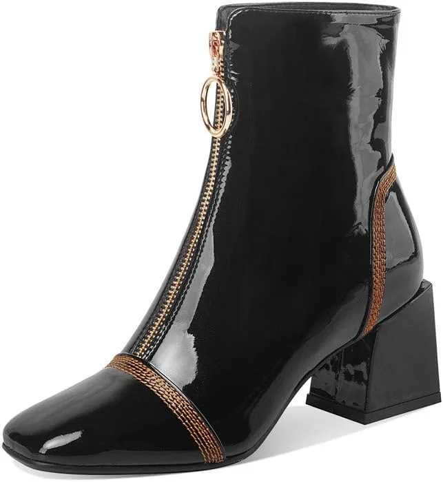 TinaCus Women's Patent Leather Square Toe Handmade Front Zipper Mid Chunky Heels Trendy Ankle Boots