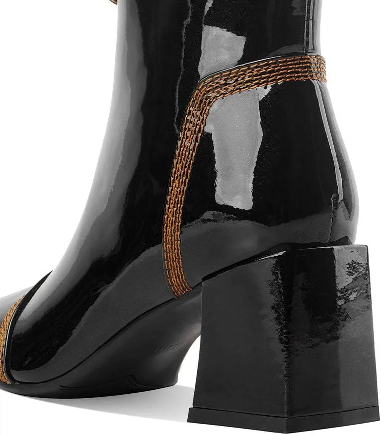 TinaCus Women's Patent Leather Square Toe Handmade Front Zipper Mid Chunky Heels Trendy Ankle Boots