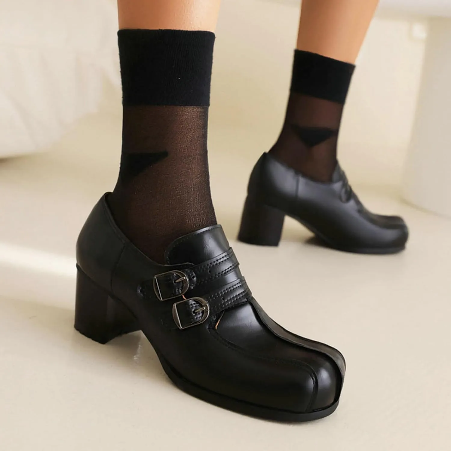 TNXZ Women's Comfortable Low Chunky Block Heels Pumps Slip-on Heeled Loafers Dress Work Shoes for Office Business