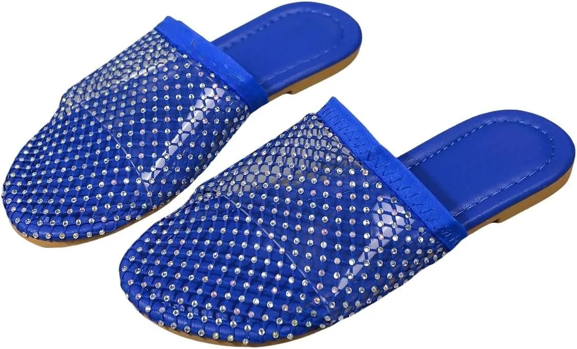 Women Bowknot Comfortable Mesh Rhinestone Flats Breathable Fishnet Sandals Shiny Sparkle Hollow Out Fashion Slippers
