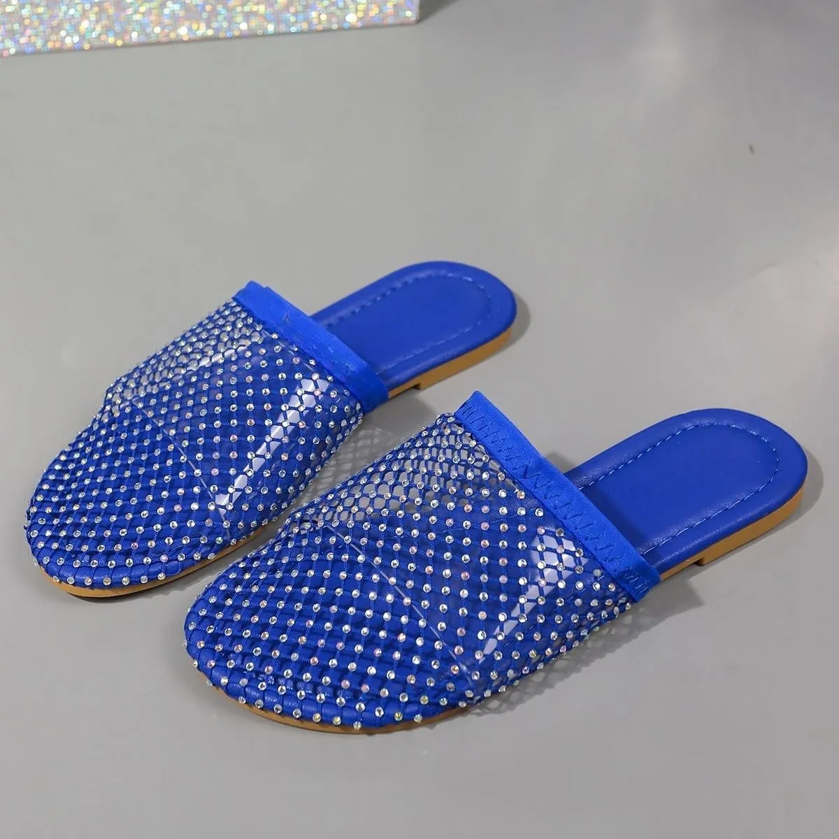 Women Bowknot Comfortable Mesh Rhinestone Flats Breathable Fishnet Sandals Shiny Sparkle Hollow Out Fashion Slippers