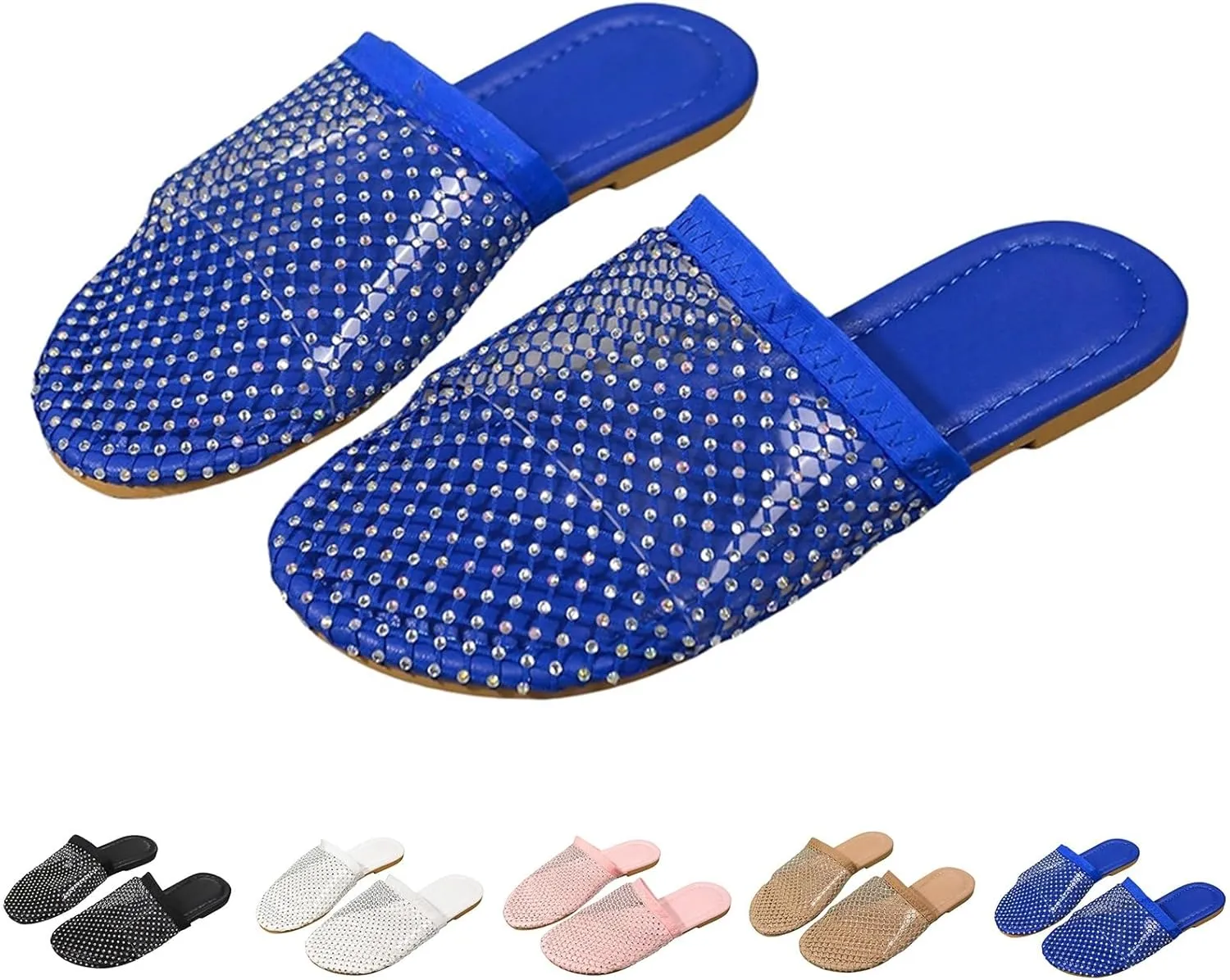 Women Bowknot Comfortable Mesh Rhinestone Flats Breathable Fishnet Sandals Shiny Sparkle Hollow Out Fashion Slippers