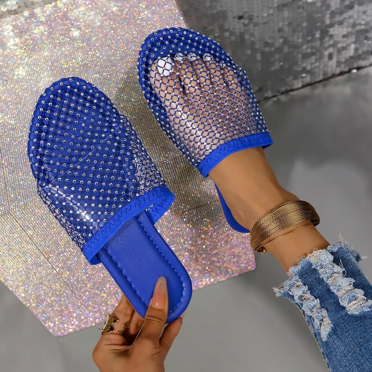 Women Bowknot Comfortable Mesh Rhinestone Flats Breathable Fishnet Sandals Shiny Sparkle Hollow Out Fashion Slippers