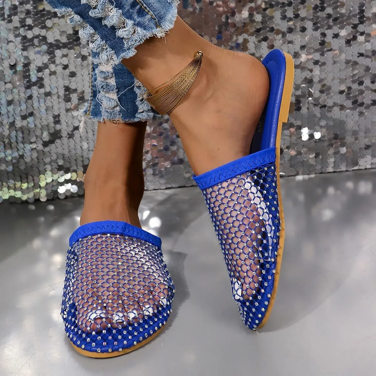 Women Bowknot Comfortable Mesh Rhinestone Flats Breathable Fishnet Sandals Shiny Sparkle Hollow Out Fashion Slippers