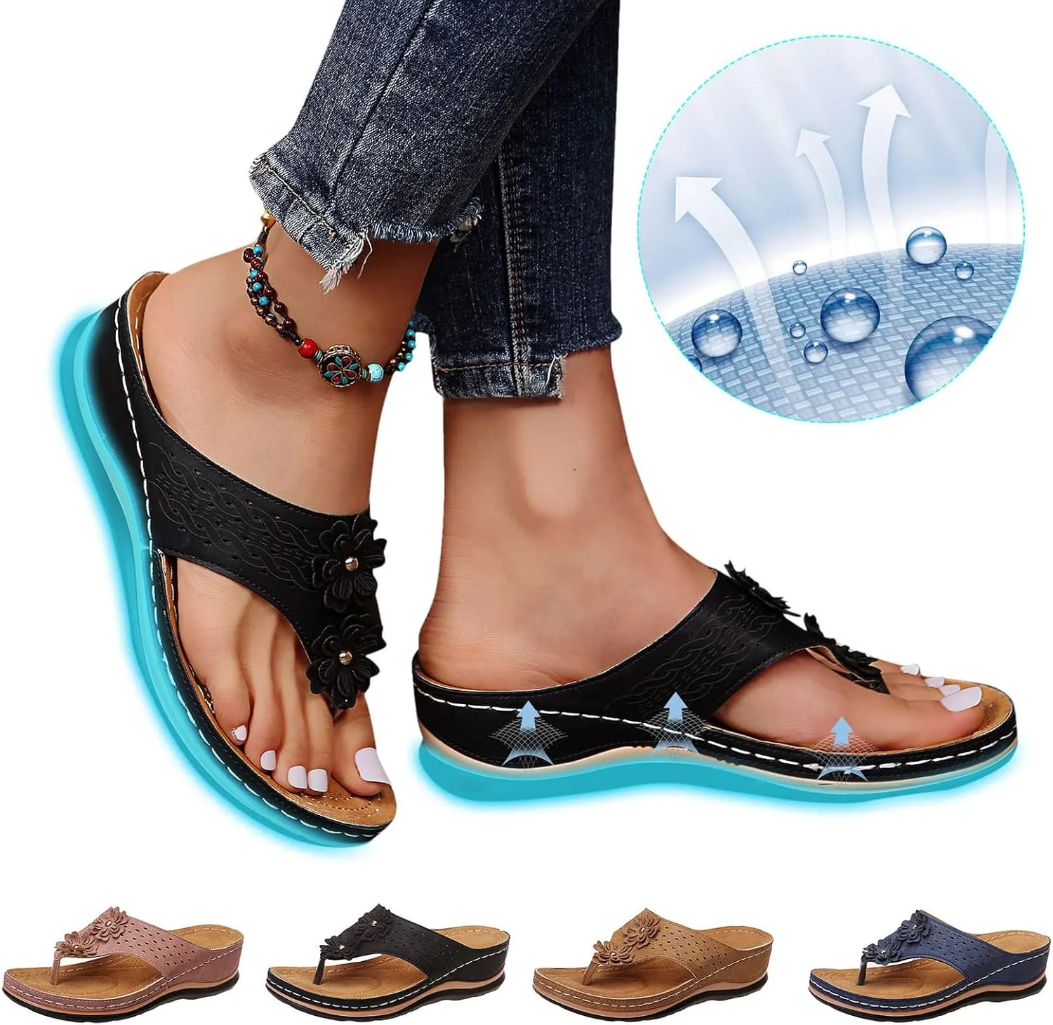 Women's Comfortable Flip Flops Arch Support Summer Wedge Sandals Breathable Open Toe Beach Slippers Non Slip