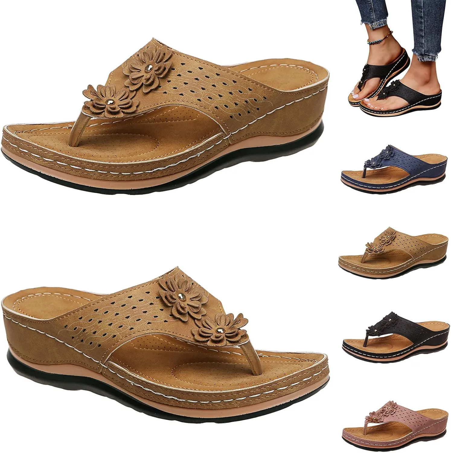 Women's Comfortable Flip Flops Arch Support Summer Wedge Sandals Breathable Open Toe Beach Slippers Non Slip