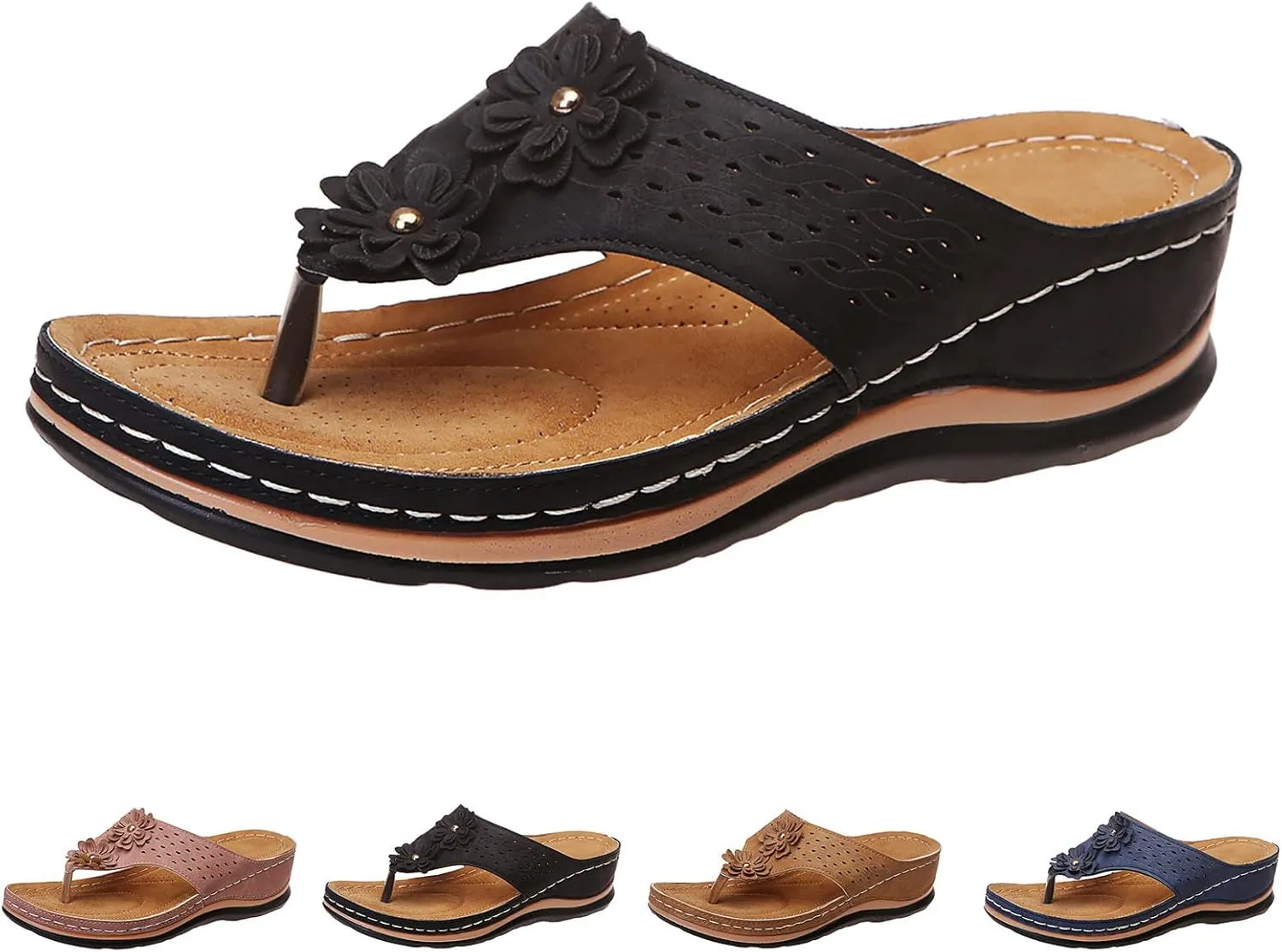 Women's Comfortable Flip Flops Arch Support Summer Wedge Sandals Breathable Open Toe Beach Slippers Non Slip