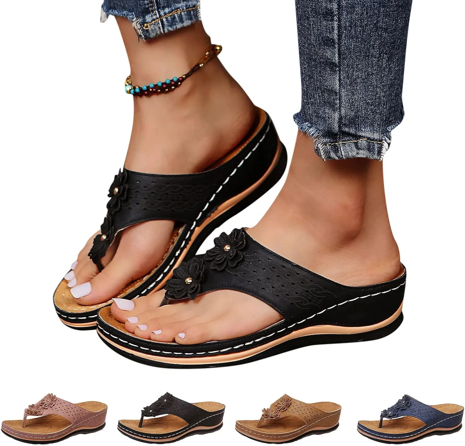 Women's Comfortable Flip Flops Arch Support Summer Wedge Sandals Breathable Open Toe Beach Slippers Non Slip