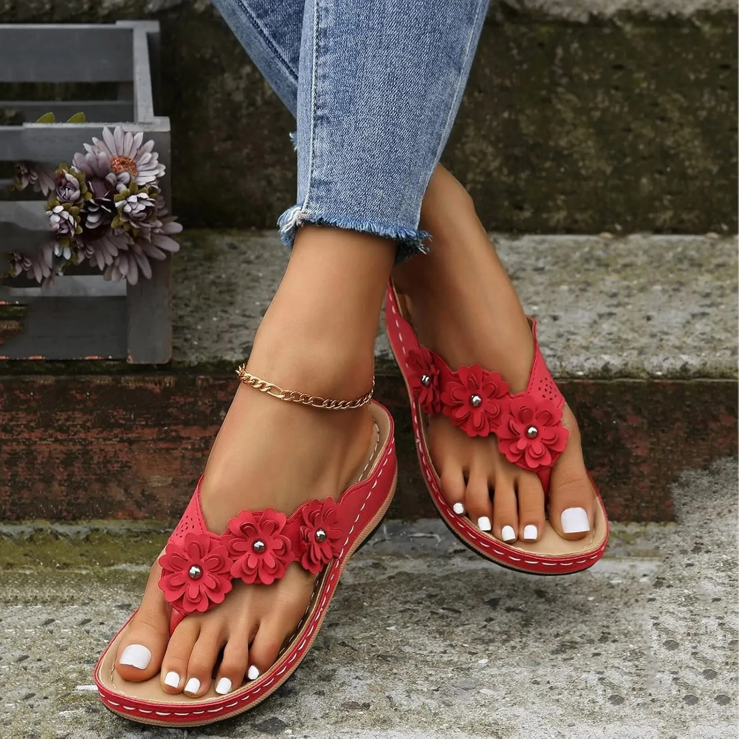 Women's Comfortable Flip Flops Arch Support Summer Wedge Sandals Breathable Open Toe Beach Slippers Non Slip