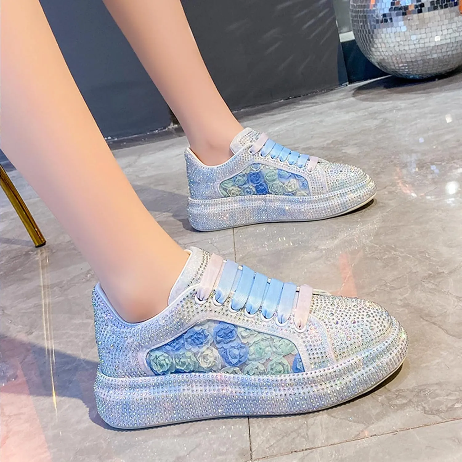 Women's Glitter Sneakers Sparkly Sequin Lace Up Tennis Shoes Ladies Bride Casual Comfortable Dressy Trendy Cute Fashion Sneakers Comfortable Bedazzled Low Top Sequin Sneakers