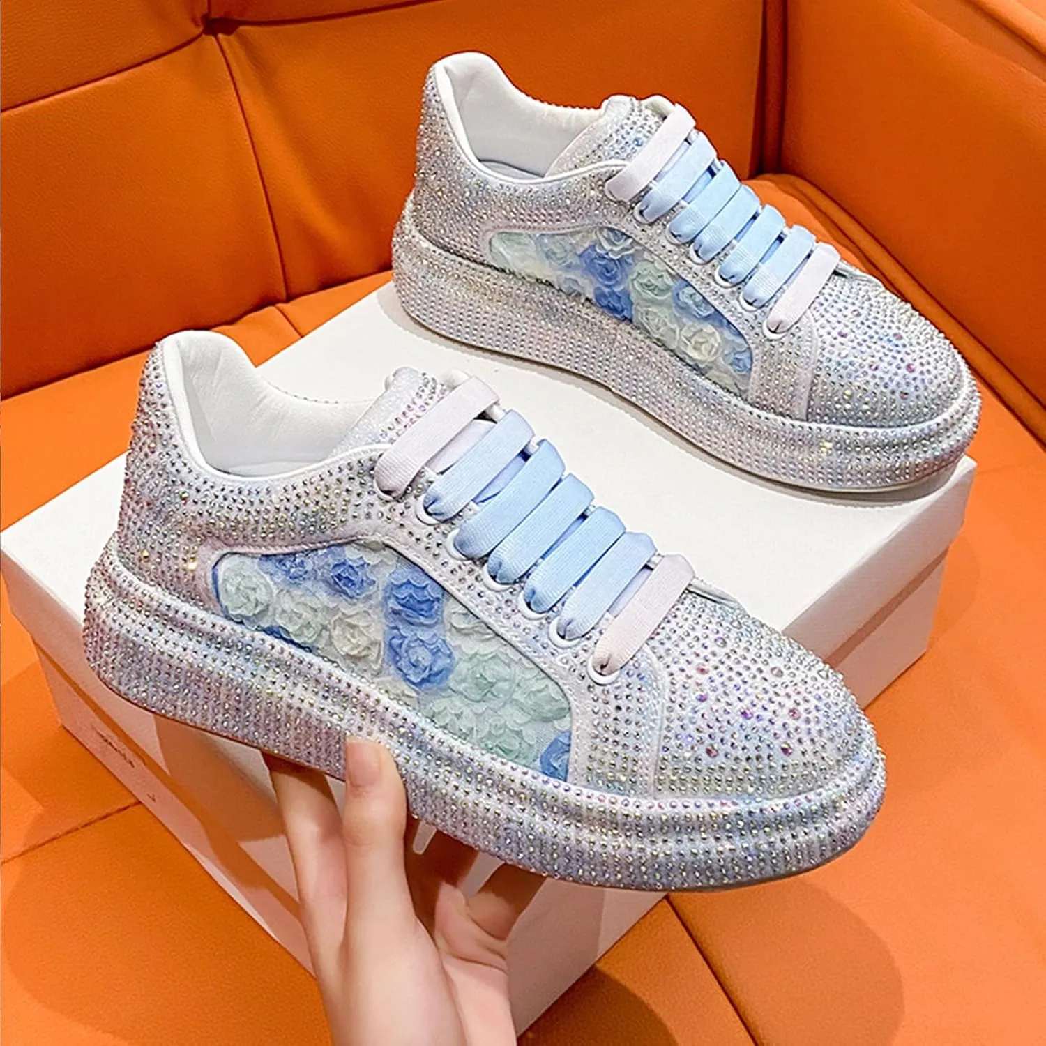 Women's Glitter Sneakers Sparkly Sequin Lace Up Tennis Shoes Ladies Bride Casual Comfortable Dressy Trendy Cute Fashion Sneakers Comfortable Bedazzled Low Top Sequin Sneakers