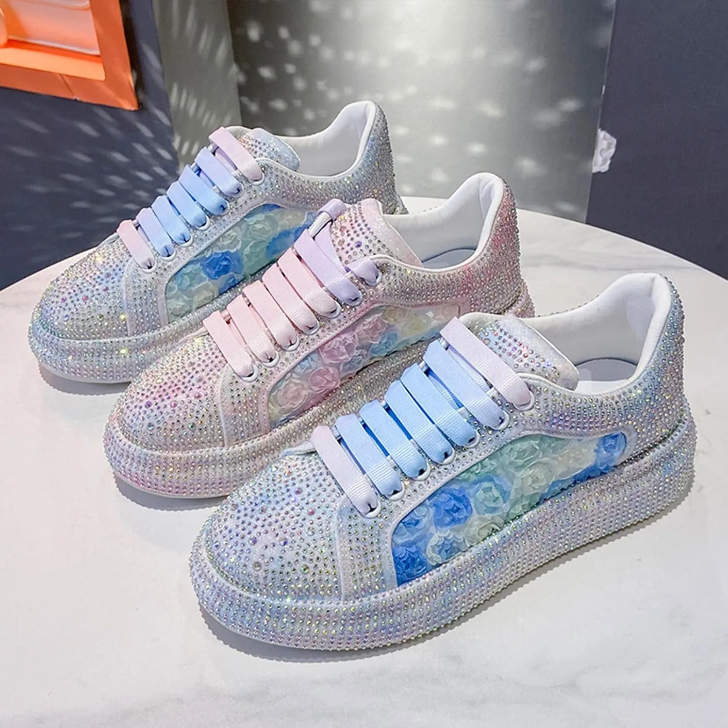 Women's Glitter Sneakers Sparkly Sequin Lace Up Tennis Shoes Ladies Bride Casual Comfortable Dressy Trendy Cute Fashion Sneakers Comfortable Bedazzled Low Top Sequin Sneakers