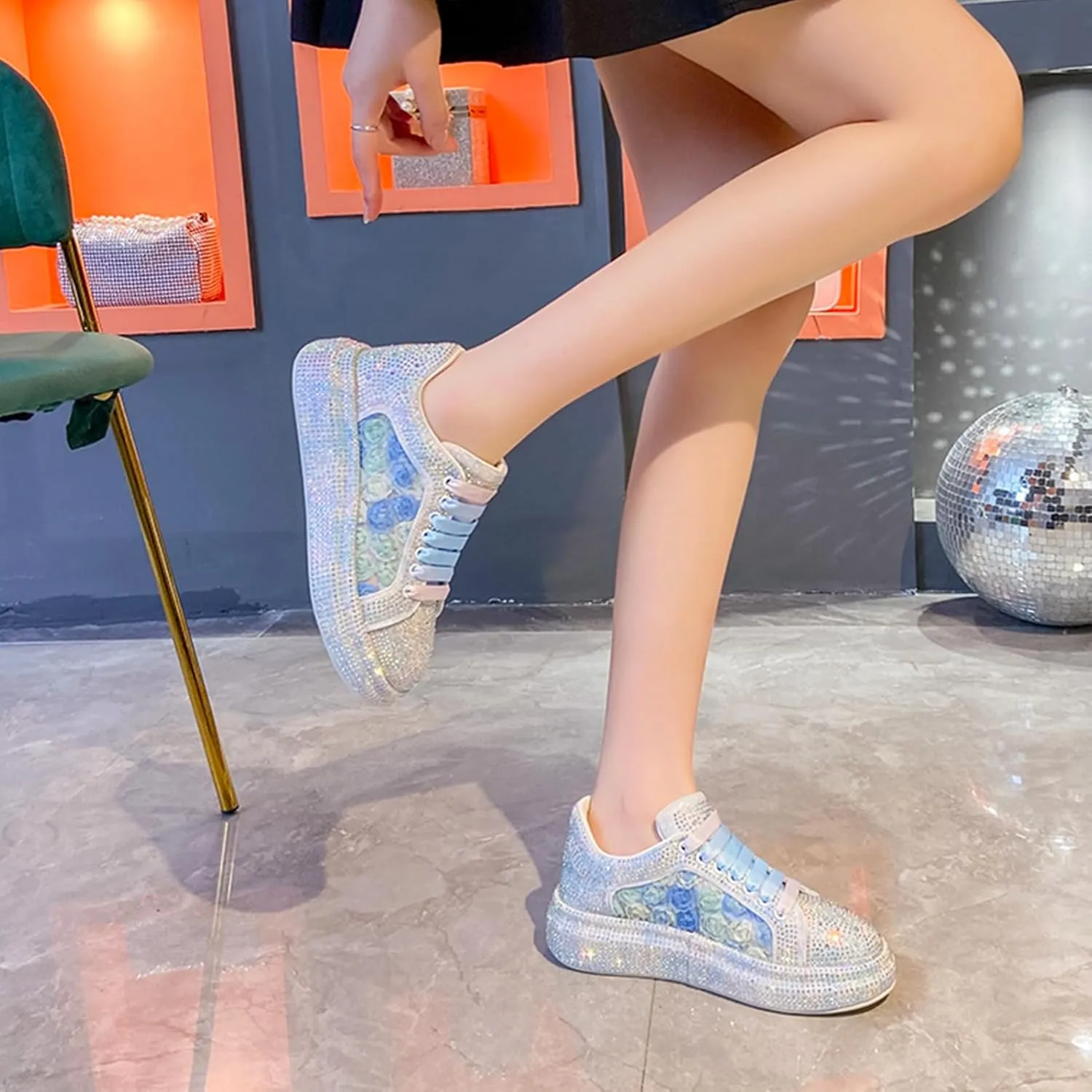 Women's Glitter Sneakers Sparkly Sequin Lace Up Tennis Shoes Ladies Bride Casual Comfortable Dressy Trendy Cute Fashion Sneakers Comfortable Bedazzled Low Top Sequin Sneakers