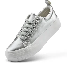 Women's High Platform Fashion Sneakers, White, Breathable, Lace Up, Tennis Shoes, Comfortable, Casual