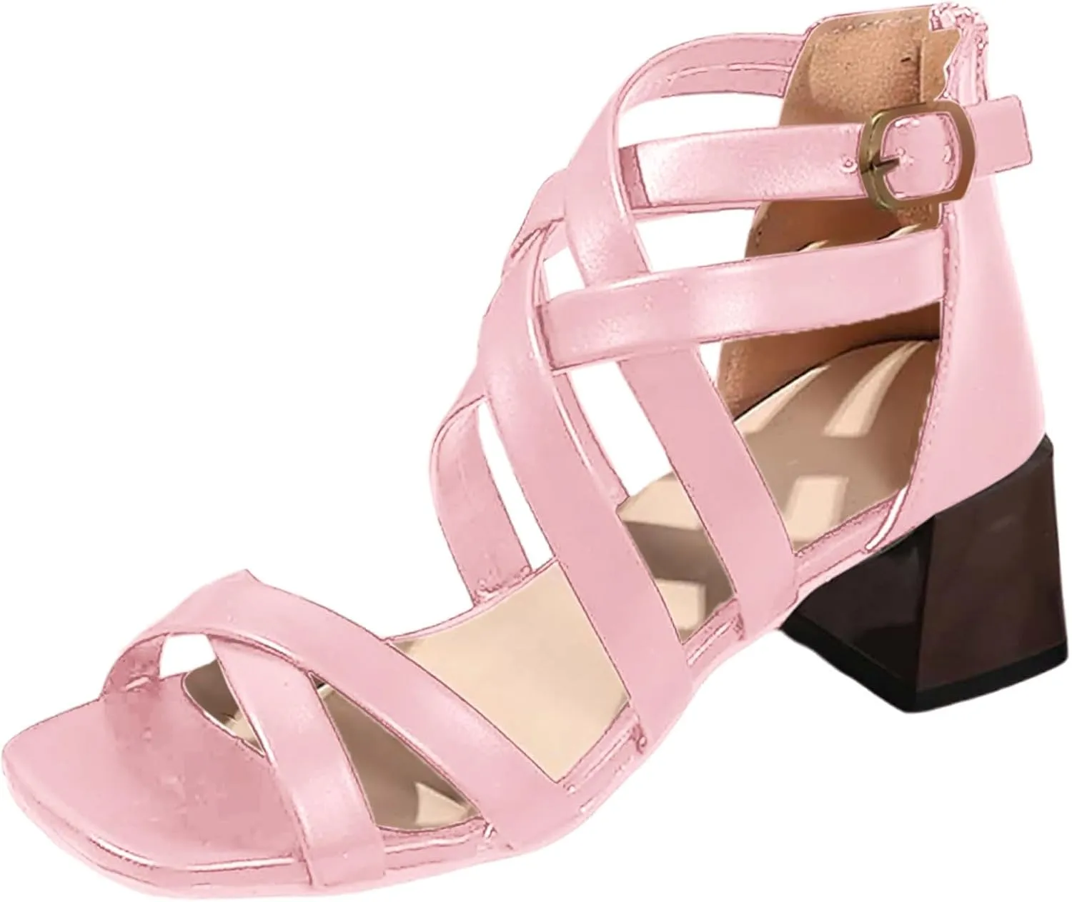 Women's Square Open Toe Chunky Mid Heel Sandals Adjustable Buckle Strap Summer Casual Dressy Slip Comfortable